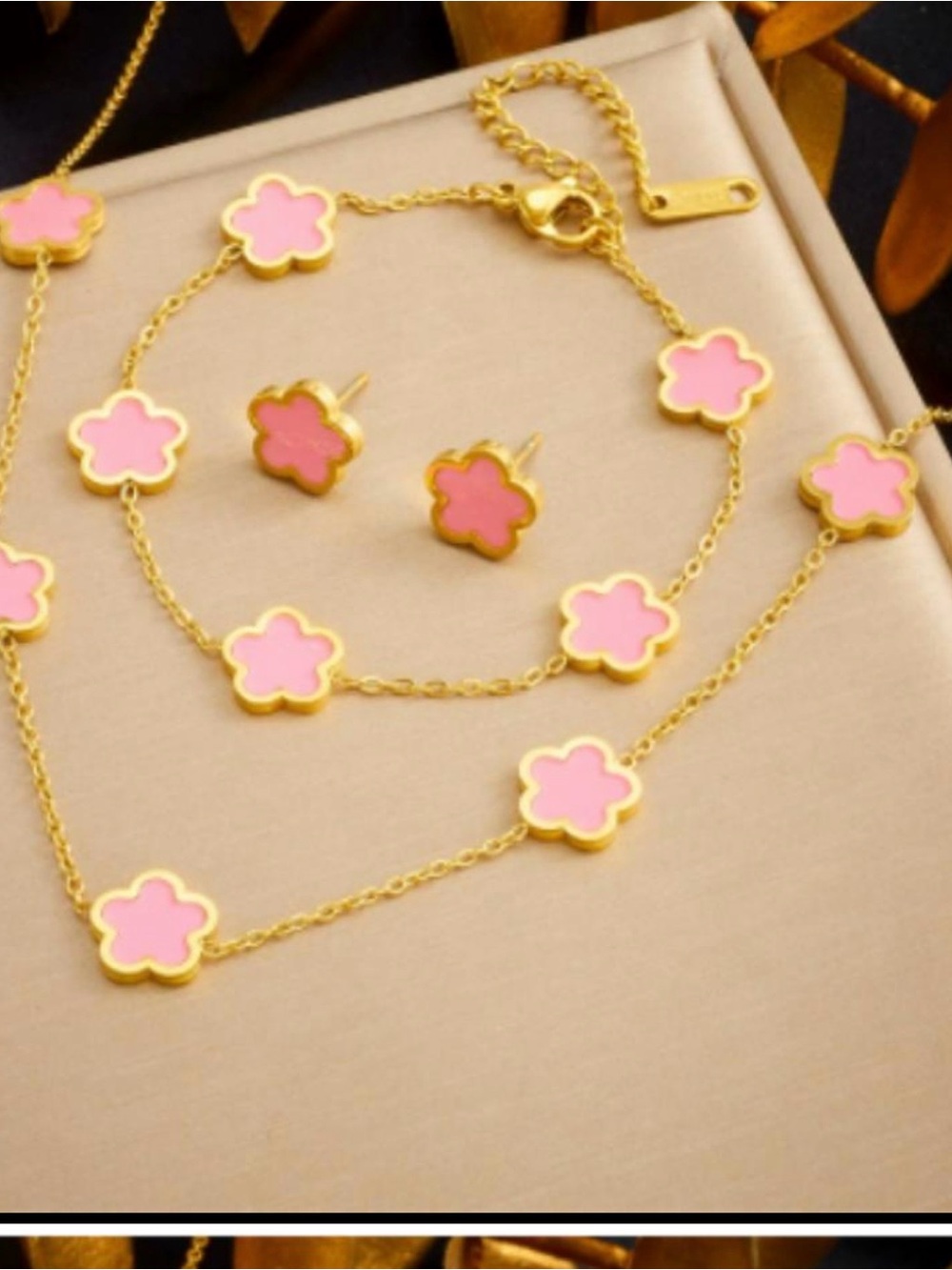 Gold & Pink Floral Clover Necklace with Matching Studs